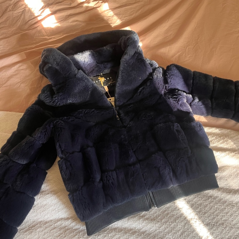 Navy Rabbit Fur Bomber Jacket - Picture 6 of 7